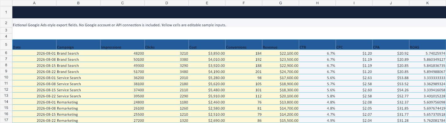 Google Ads Report Excel Template Google Ads Data sheet preview